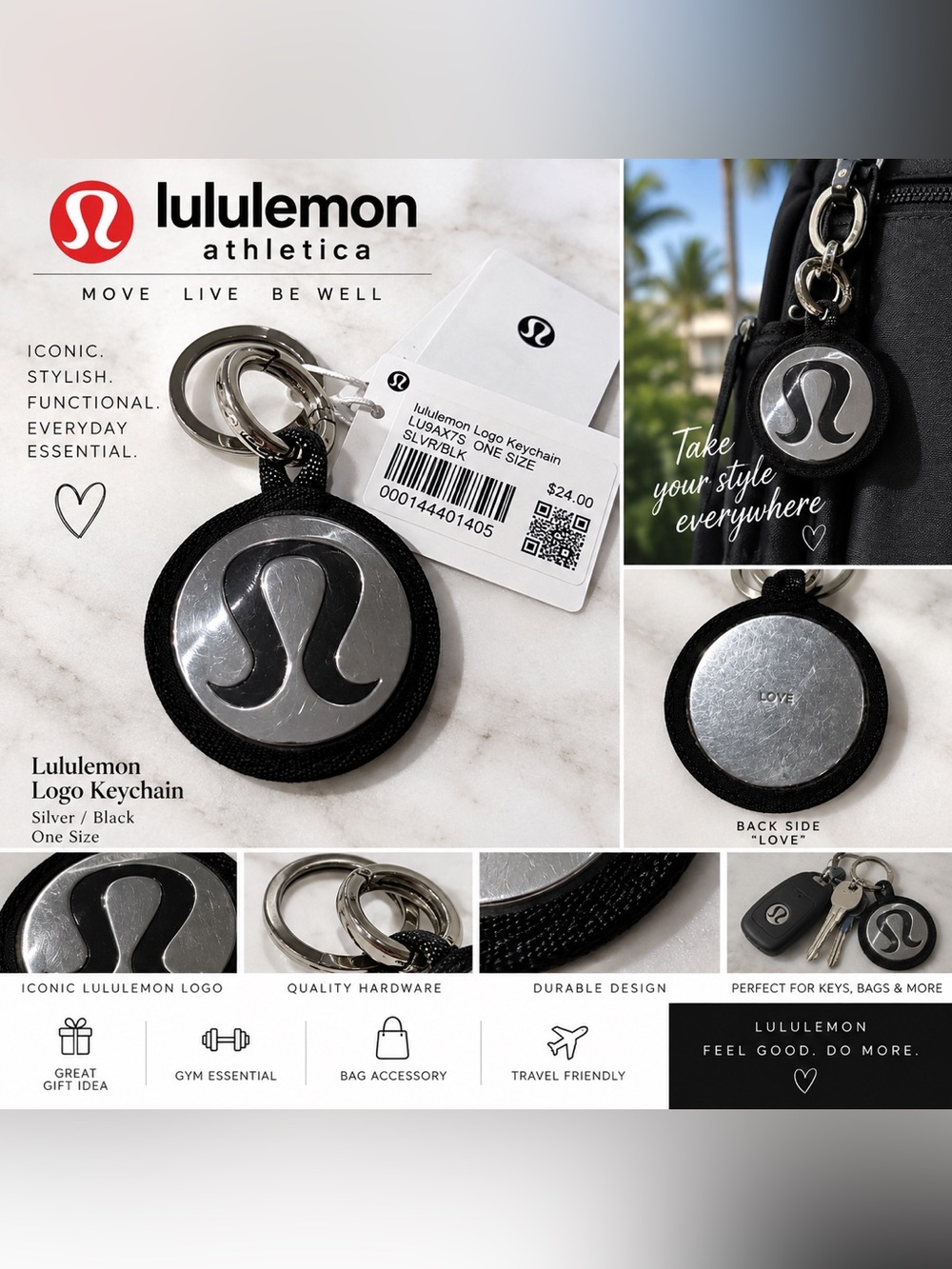 Lululemon Logo Keychain NWT ONE SIZE (Silver/Black)